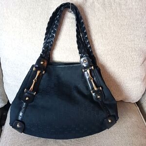 Gucci Black Braided-Handle Shoulder Bag with Gold Hardware